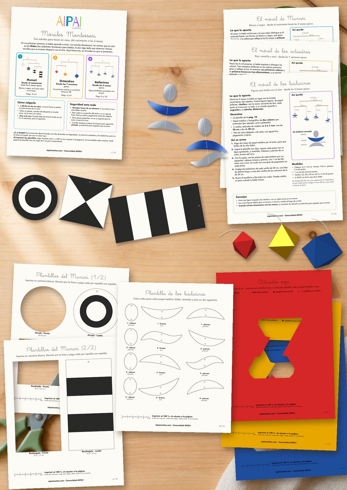 Móviles Montessori de AIPAI: las diez hojas impresas, las formas del Munari recortadas, tres octaedros armados y dos bailarines de papel metálico