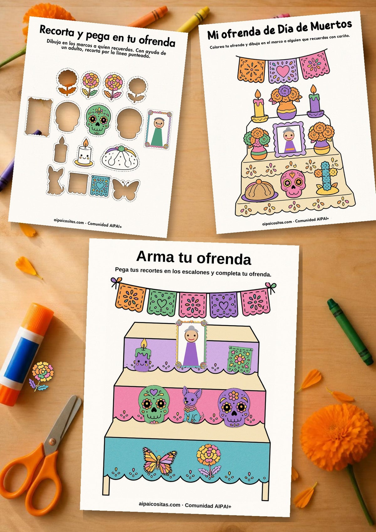 Imprimible gratis de AIPAI: ofrenda de Día de Muertos para colorear y recortar