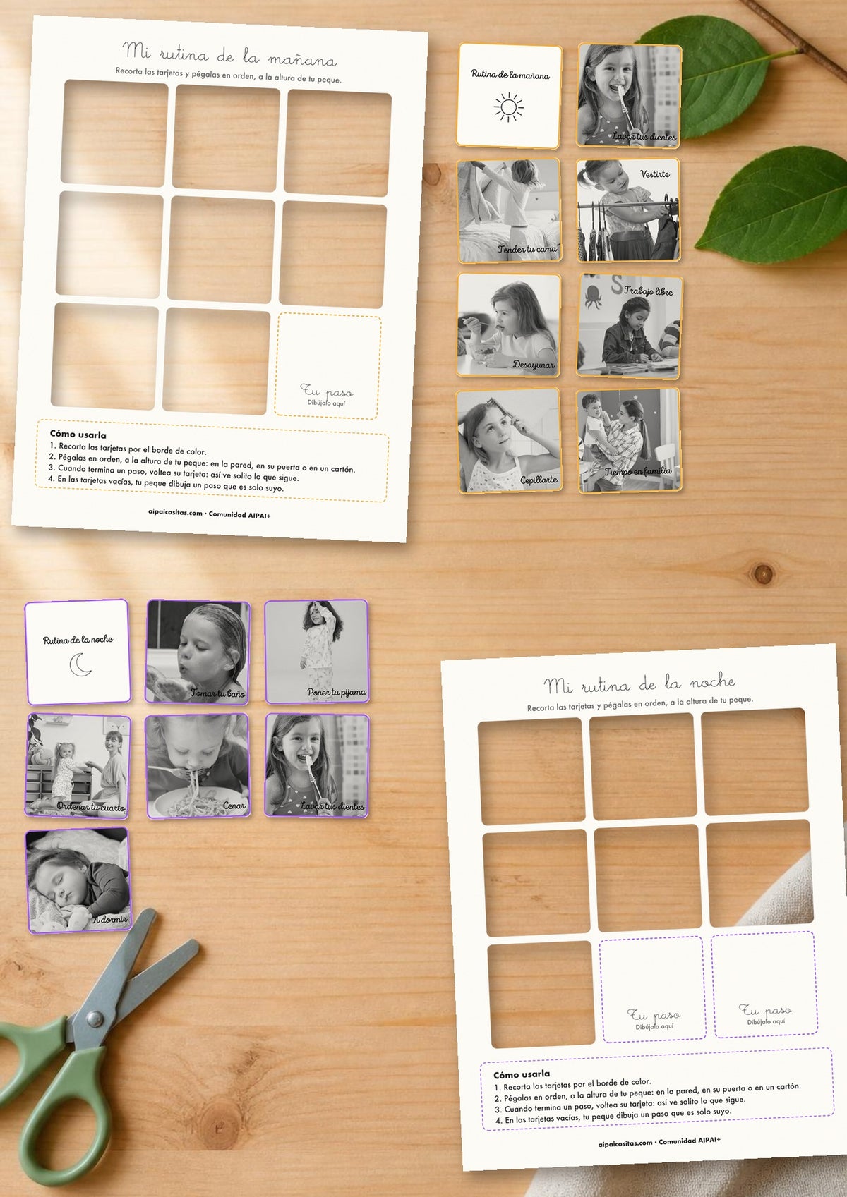 Rutinas de la mañana y de la noche de AIPAI: tarjetas con fotos recortadas y puestas en orden sobre la mesa