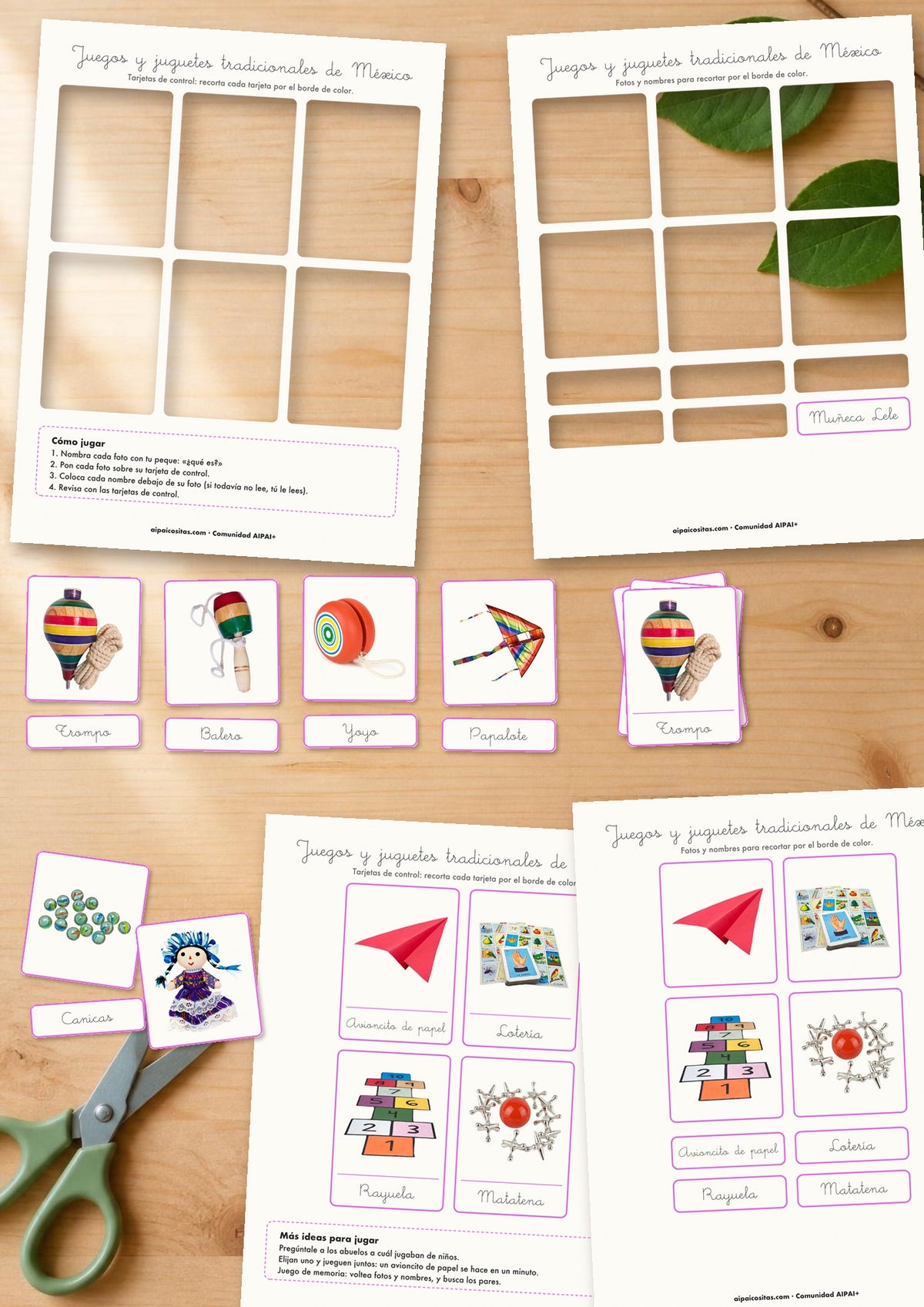Tarjetas de juegos tradicionales de México de AIPAI recortadas sobre la mesa: trompo, balero, yoyo y papalote