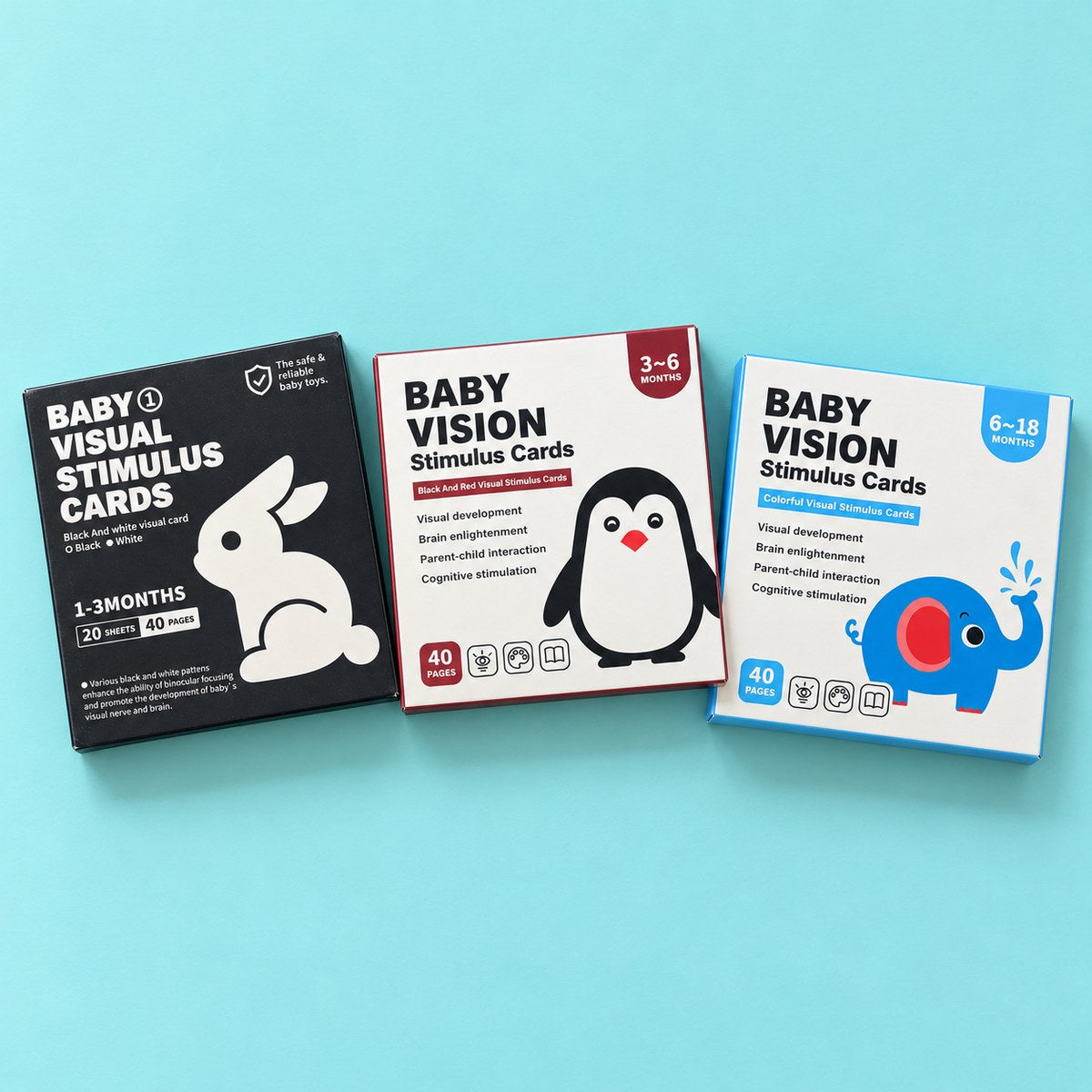 Tarjetas de estimulación visual para bebé: los tres sets, 1-3 meses blanco y negro, 3-6 meses negro y rojo, 6-18 meses colores