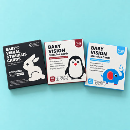 Tarjetas de estimulación visual para bebé: los tres sets, 1-3 meses blanco y negro, 3-6 meses negro y rojo, 6-18 meses colores