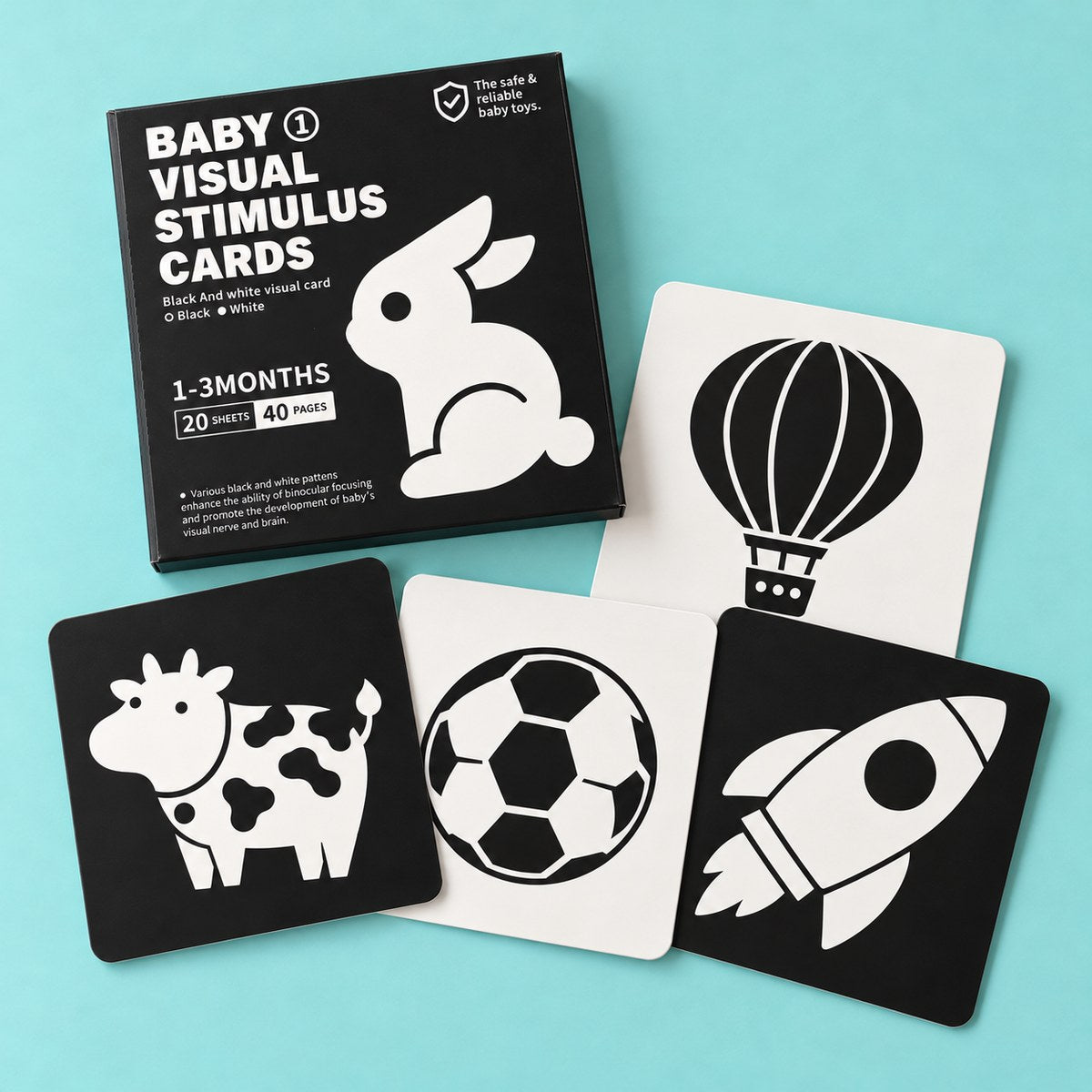 Set 1-3 meses: caja y tarjetas en blanco y negro de alto contraste con vaca, balón, globo y cohete