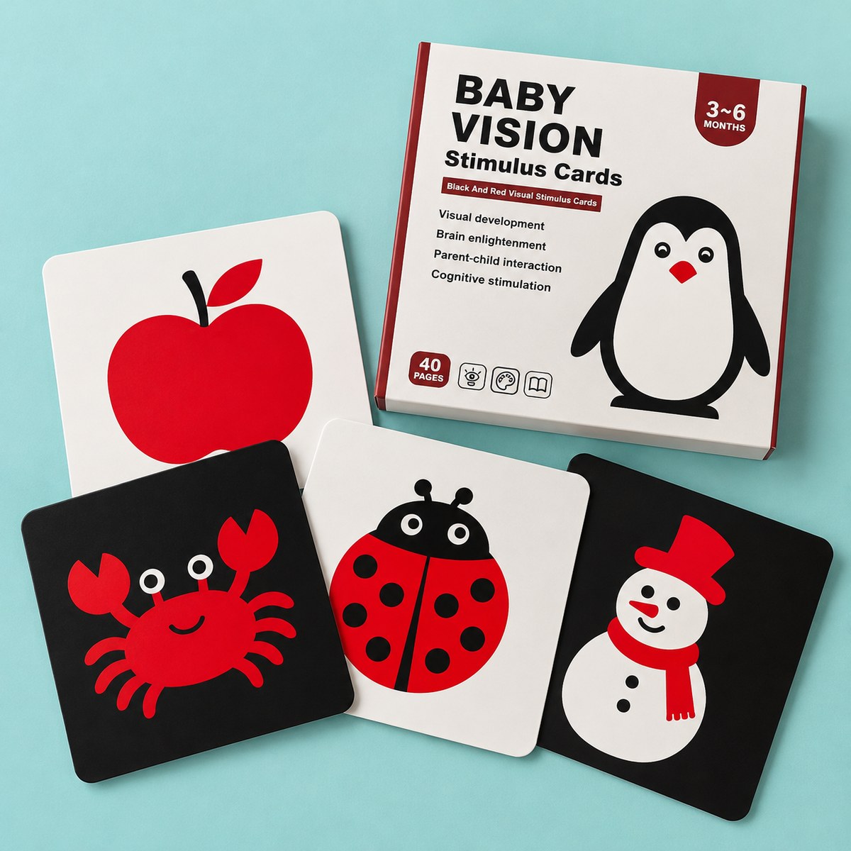 Set 3-6 meses: caja y tarjetas en negro y rojo con manzana, cangrejo, catarina y muñeco de nieve