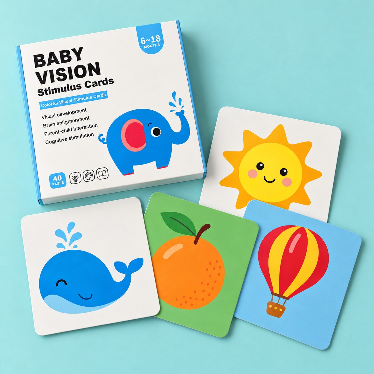 Set 6-18 meses: caja y tarjetas a colores con ballena, naranja, sol y globo