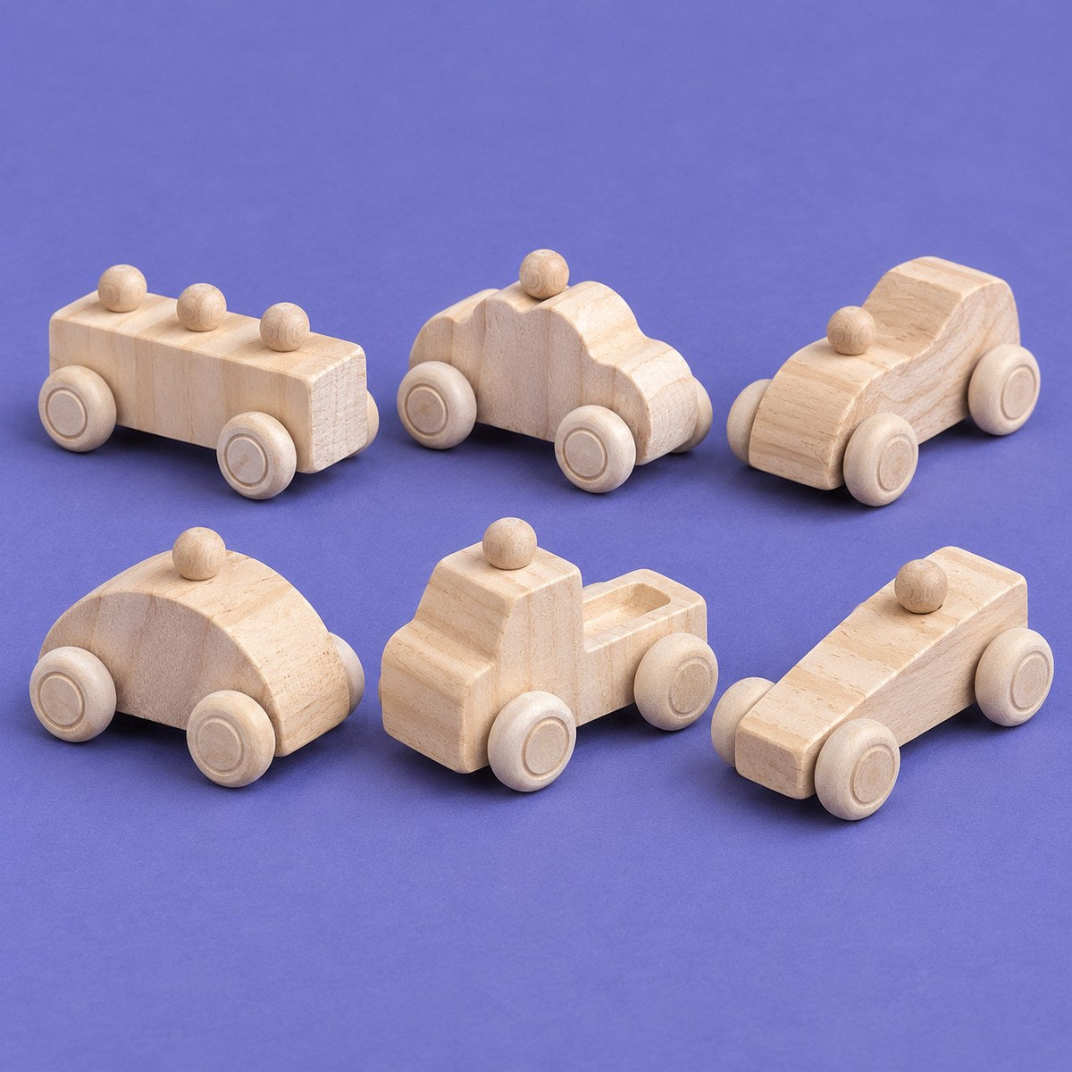 Los 6 modelos de coche de madera para pintar (se vende por unidad, modelo al azar)