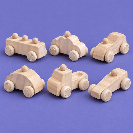 Los 6 modelos de coche de madera para pintar (se vende por unidad, modelo al azar)