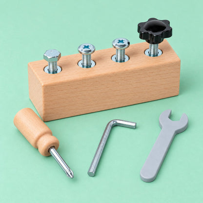 Cubo de madera para atornillar con 4 tornillos, destornillador, llave Allen y llave fija