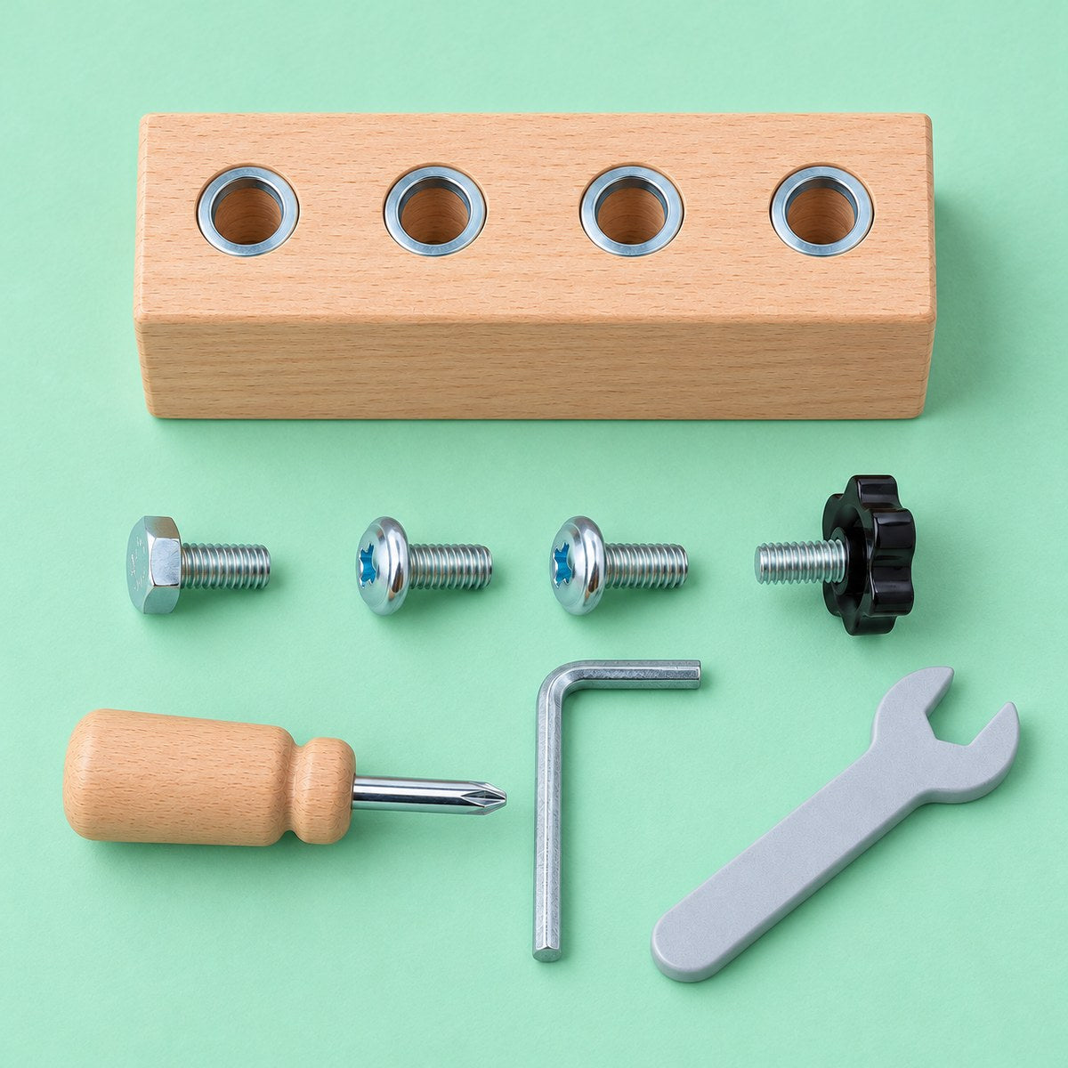 Piezas del cubo para atornillar: bloque de madera, 4 tornillos y 3 herramientas