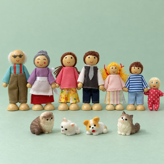Familia de madera con animales: 7 muñecos con ropa de tela y 4 mascotas de resina