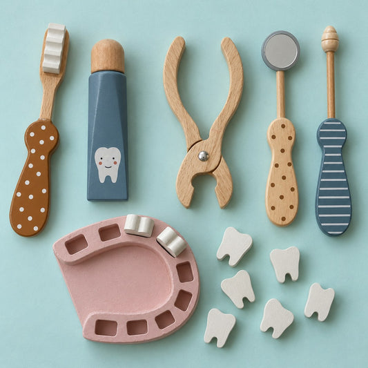 Kit de dentista de madera: dentadura rosa con dientes de madera, pinzas, espejo, sonda, cepillo y pasta