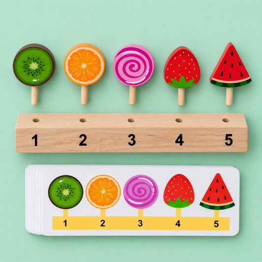 Paletas para contar - base numerada, paletas y tarjeta vistas desde arriba