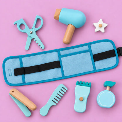 Set de peluqueria de madera con cinturon - todas las piezas vistas desde arriba