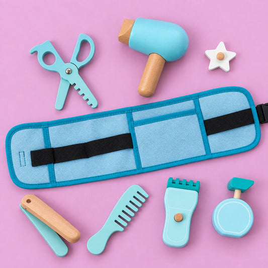 Set de peluqueria de madera con cinturon - todas las piezas vistas desde arriba