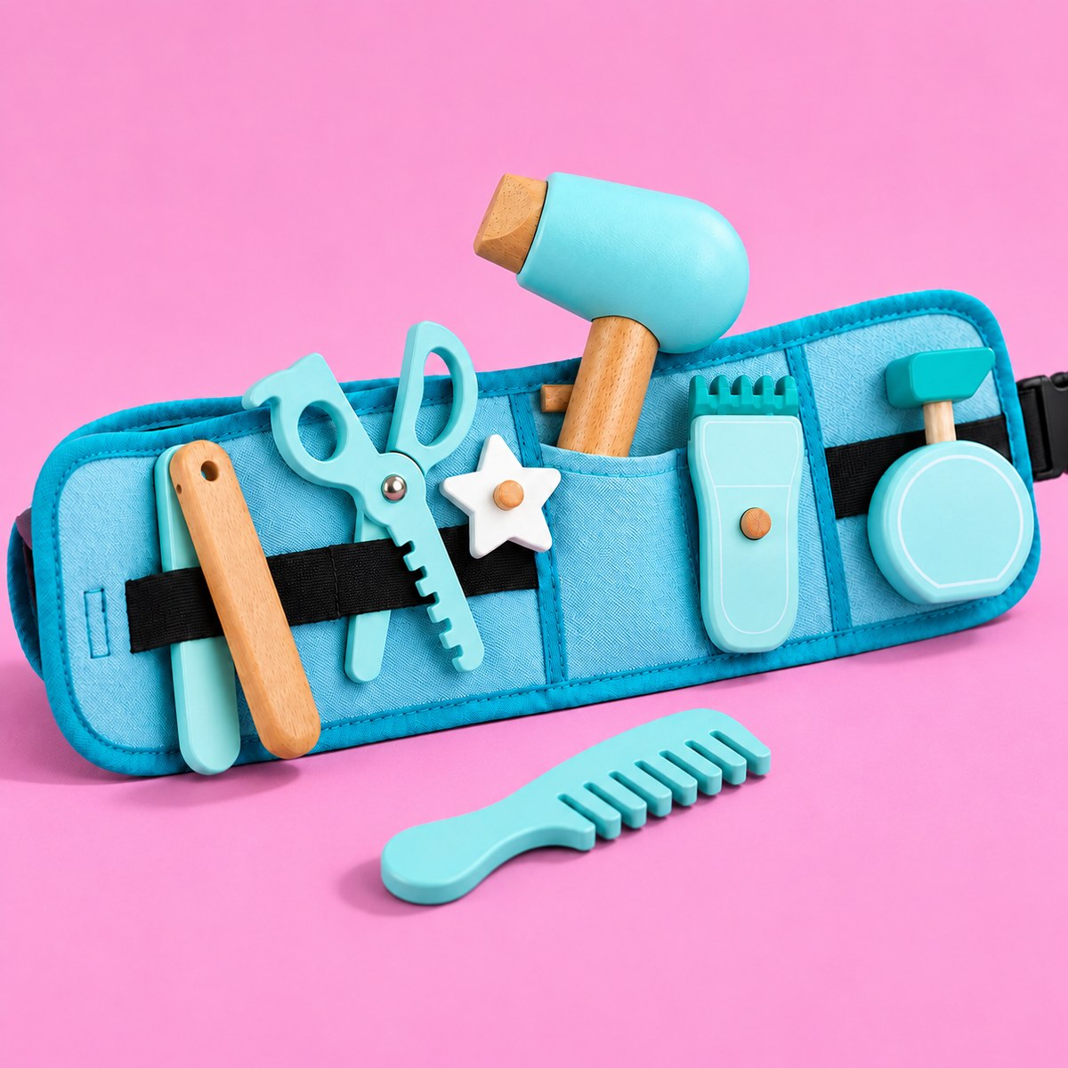 Set de peluqueria de madera - las herramientas en los bolsillos del cinturon