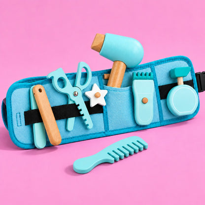 Set de peluqueria de madera - las herramientas en los bolsillos del cinturon