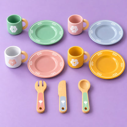 Vajilla de madera: 4 platos, 4 tazas con asa de anillo y cubiertos