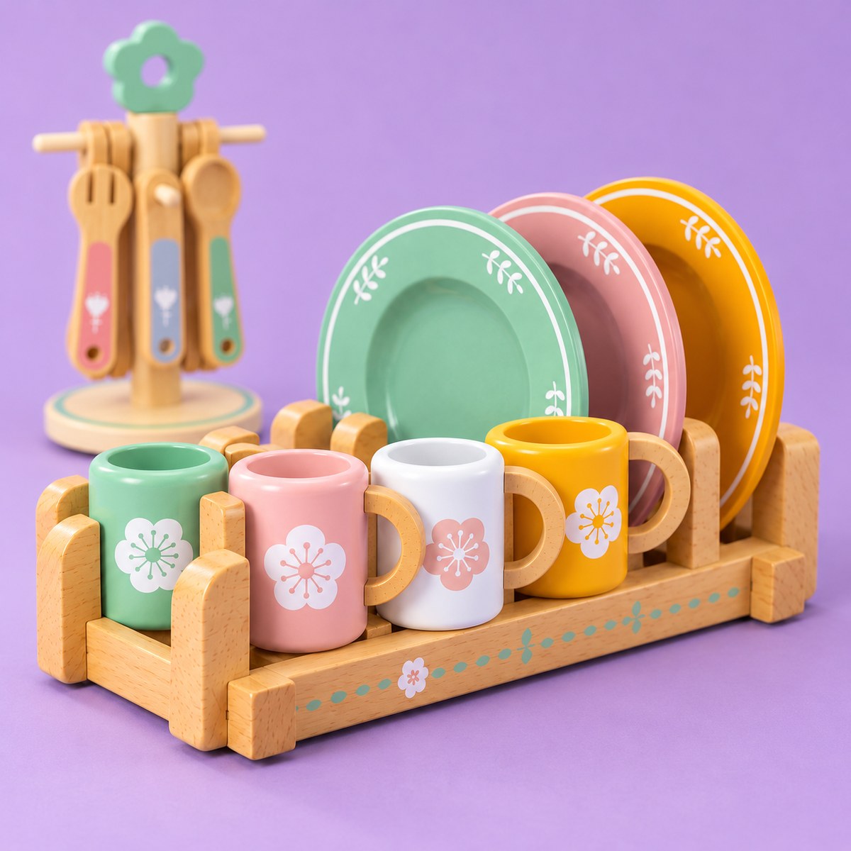 Escurridor de madera con los platos y las 4 tazas con asa de anillo, y el soporte de cubiertos